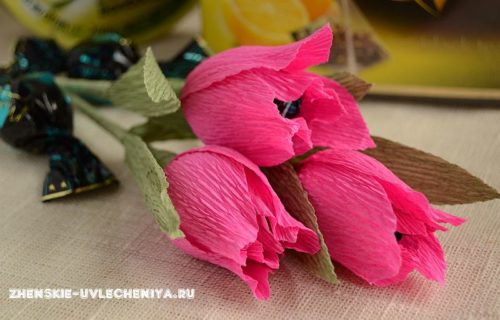 Тюльпаны из гофрированной бумаги с конфетами для букета в пошаговом мастер-классе