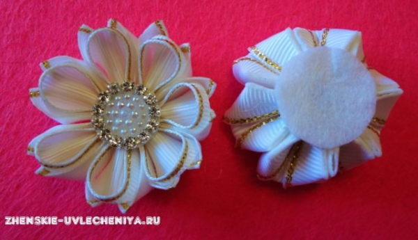 Школьный бантик с цветком канзаши из репсовых лент своими руками
