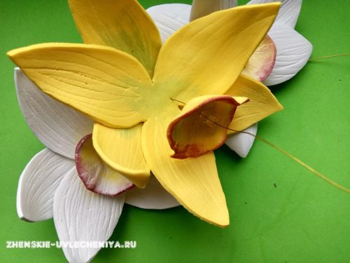 Яркие нарциссы из фоамирана для декора заколки в пошаговом мастер-классе