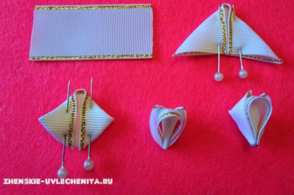 Школьный бантик с цветком канзаши из репсовых лент своими руками